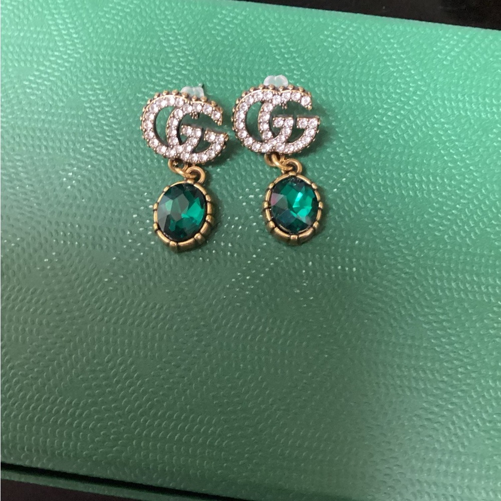 Crystal Double G Drop Earrings with Emerald Green Stones - Picture 2 of 3